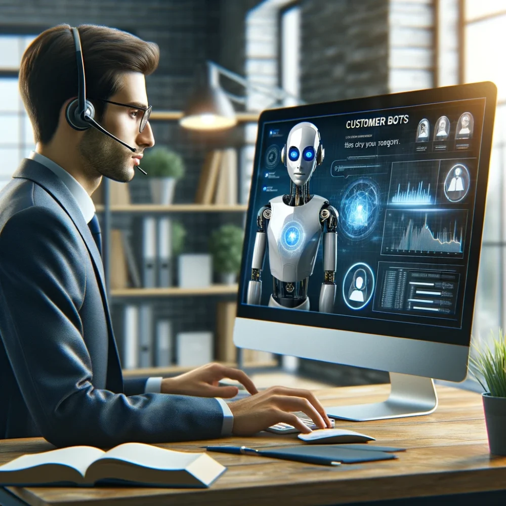 Homem interage com robô através de computador.